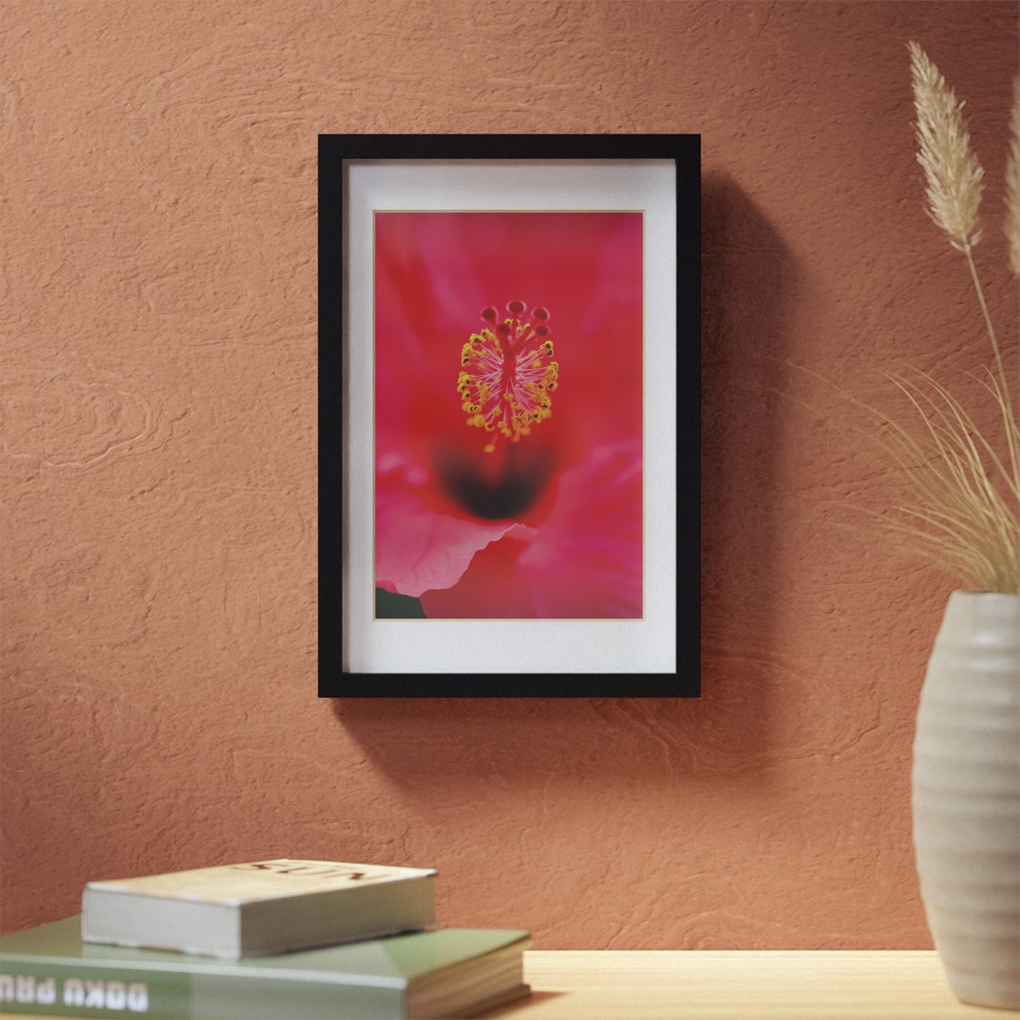 A beautiful hibiscus flower printed on a black framed poster