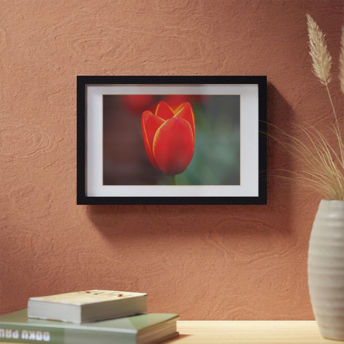 Fiery red and yellow tulip in a black framed poster