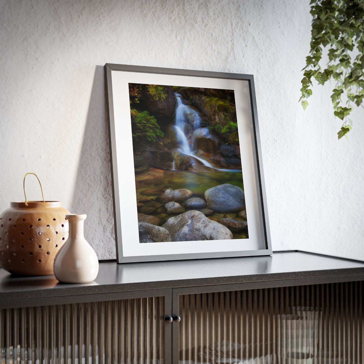 Watercolor styled print of the Ladies Bath falls on a framed matte poster