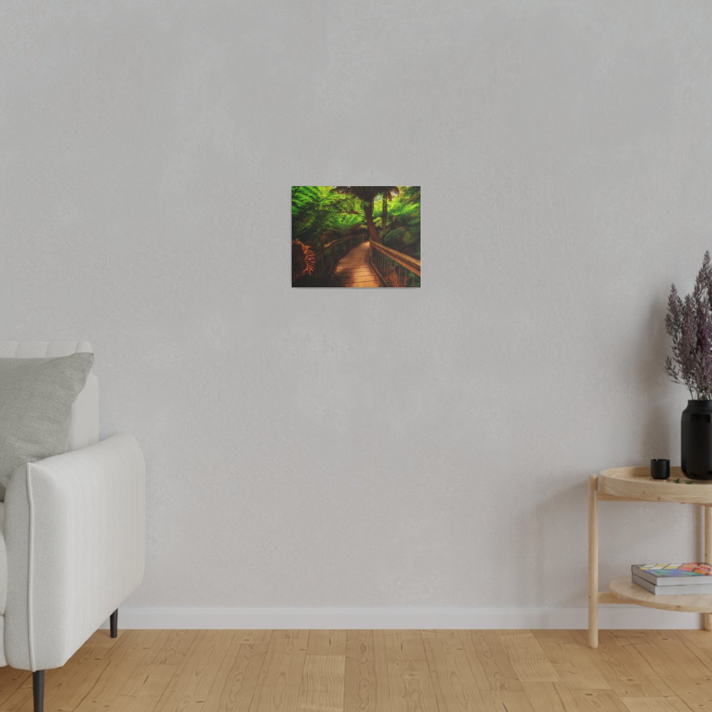 Wooden bridge winding through a lush forest of tall ferns printed on a stretched matte canvas