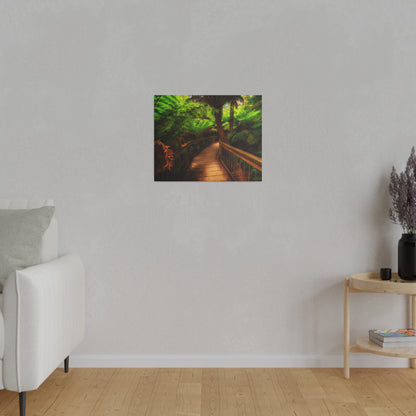 Wooden bridge winding through a lush forest of tall ferns printed on a stretched matte canvas