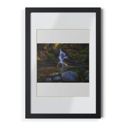 Watercolor styled print of the Ladies Bath falls on a black framed poster