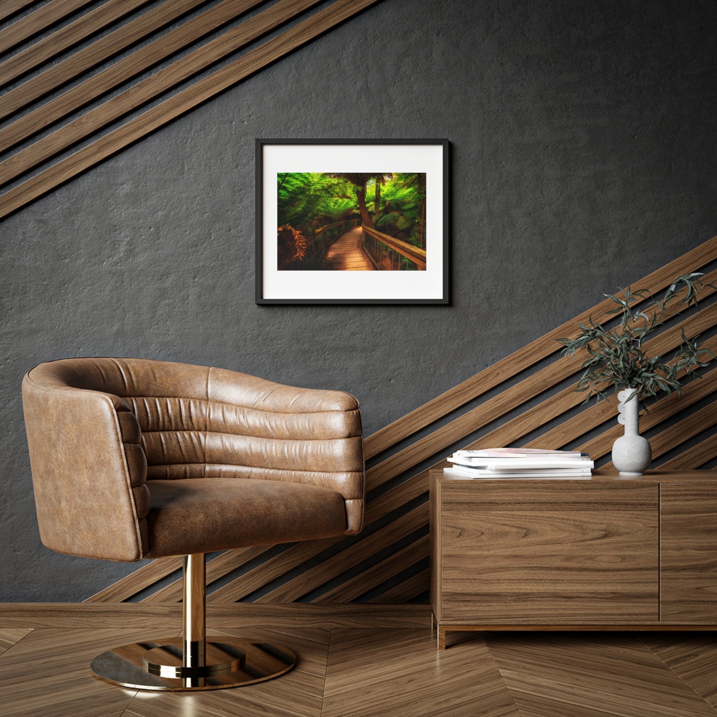 Wooden bridge winding through a lush forest of tall ferns printed on a framed matte poster