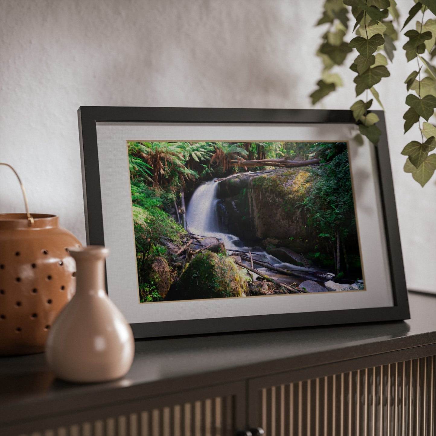 Watercolor styled print of the Amphitheatre Falls on on black framed poster