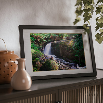 Watercolor styled print of the Amphitheatre Falls on on black framed poster