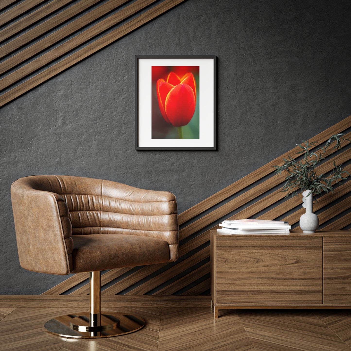 Fiery red and yellow tulip on a framed matte  poster