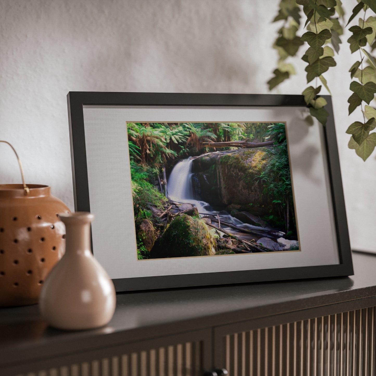 Watercolor styled print of the Amphitheatre Falls on on black framed poster