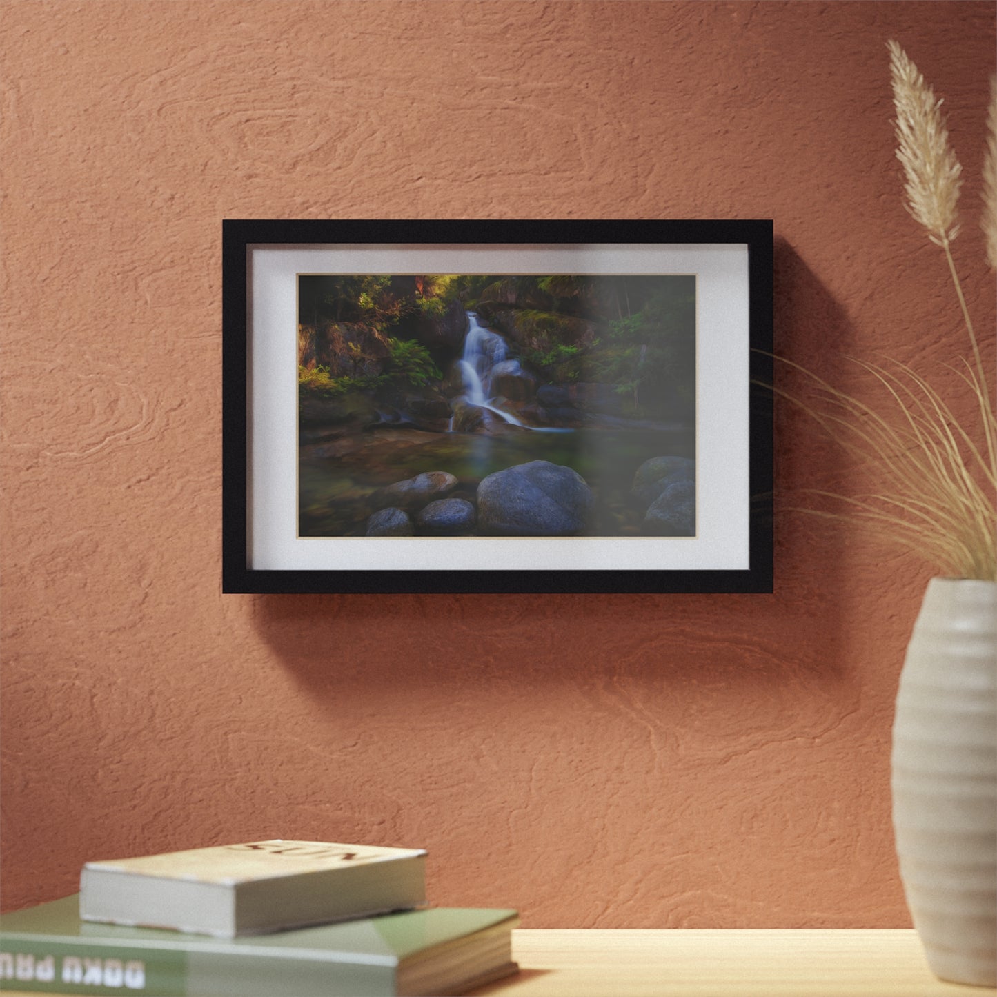 Watercolor styled print of the Ladies Bath falls on a black framed poster