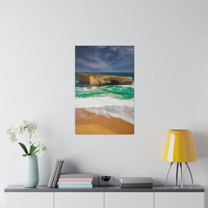 The London Bridge arch with crashing waves printed on a stretched matte canvas