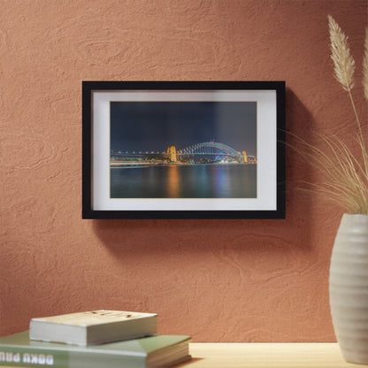 The dazzling Sydney Harbour Bridge at night printed on a black framed poster