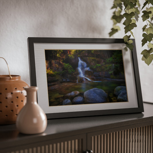 Watercolor styled print of the Ladies Bath falls on a black framed poster