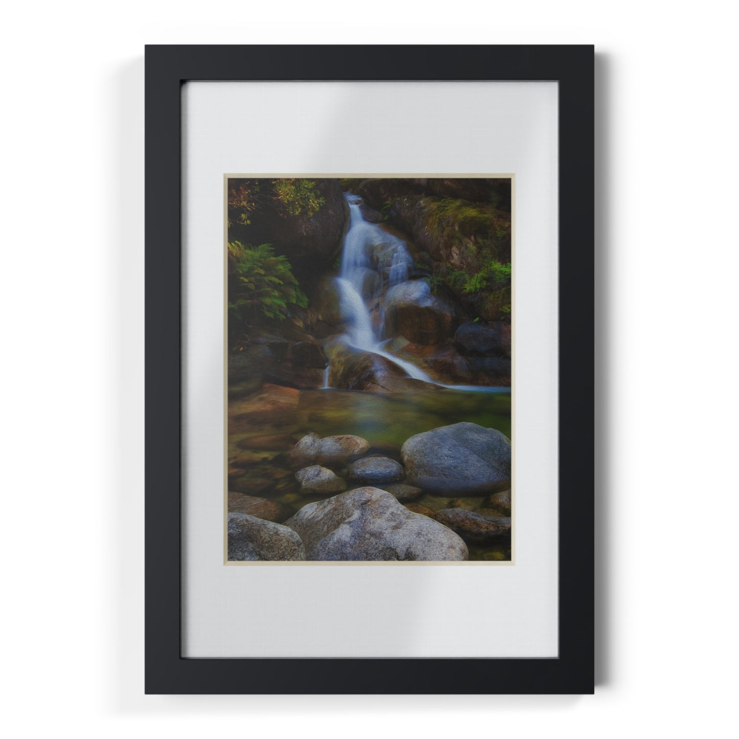Watercolor styled print of the Ladies Bath falls on a black framed poster