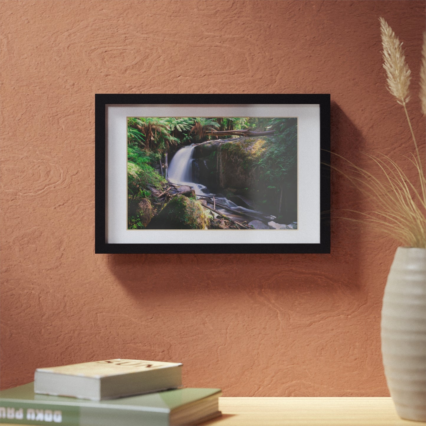 Watercolor styled print of the Amphitheatre Falls on on black framed poster