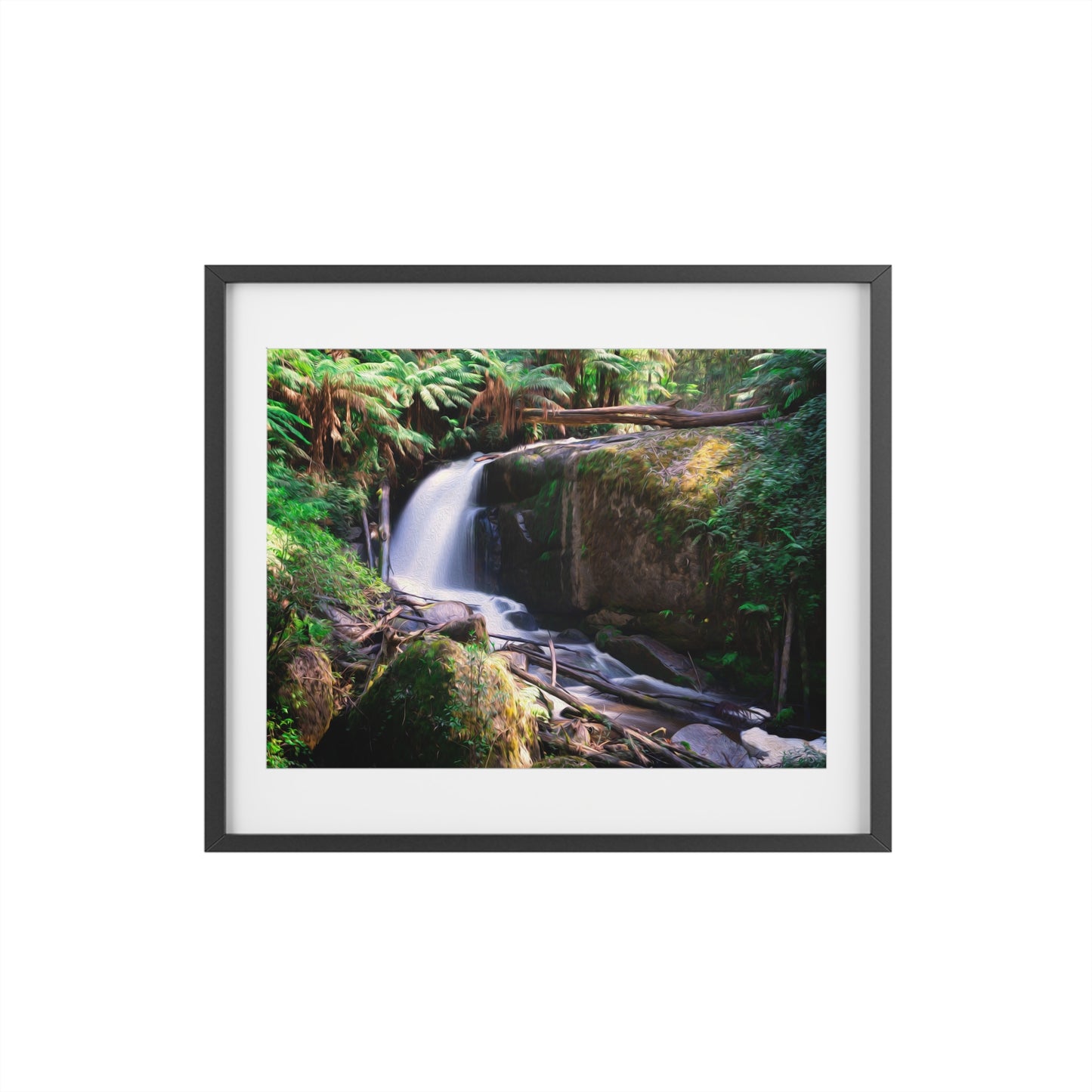 Watercolor styled print of the Amphitheatre Falls on a matte framed poster