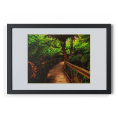 Wooden bridge winding through a lush forest of tall ferns printed black framed poster