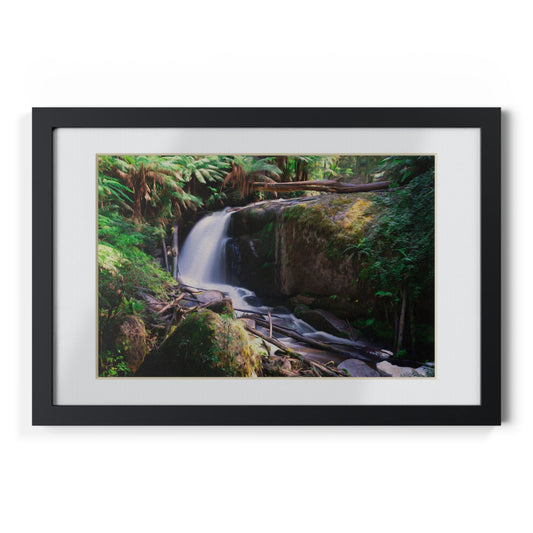 Watercolor styled print of the Amphitheatre Falls on on black framed poster