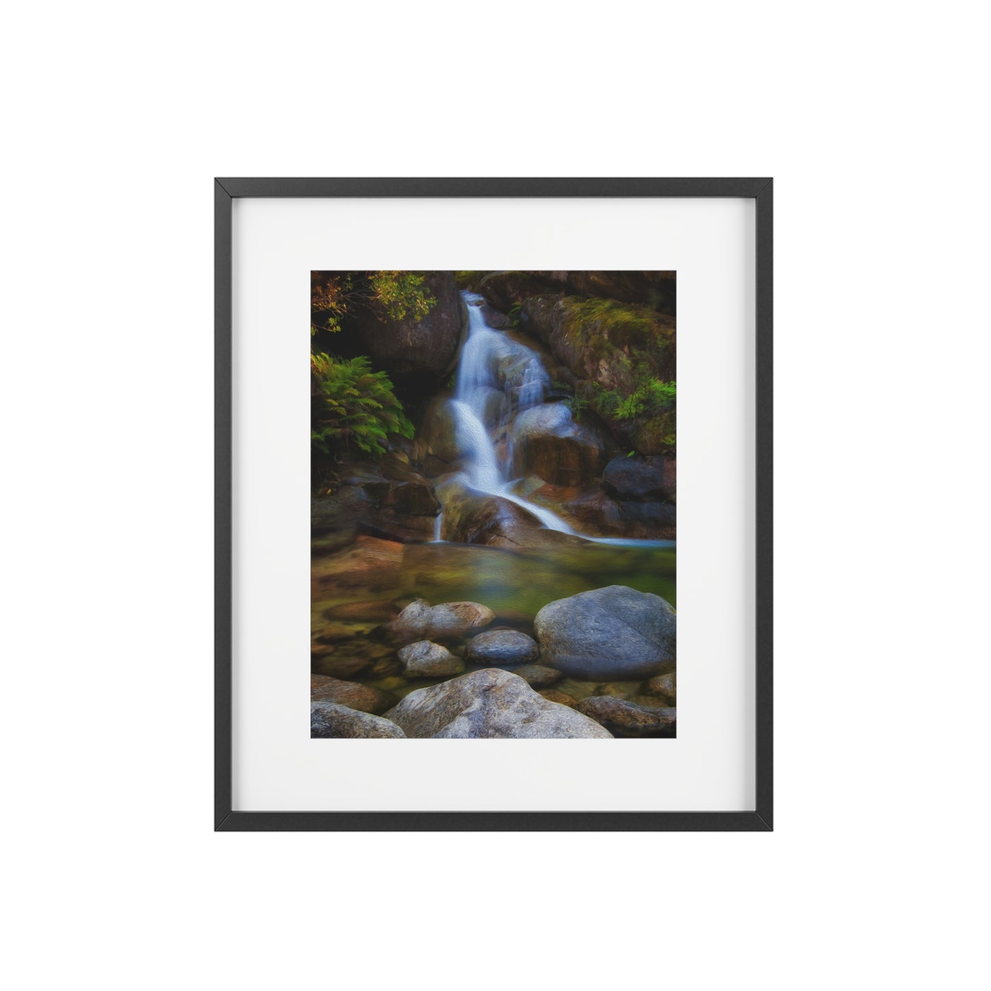 Watercolor styled print of the Ladies Bath falls on a framed matte poster