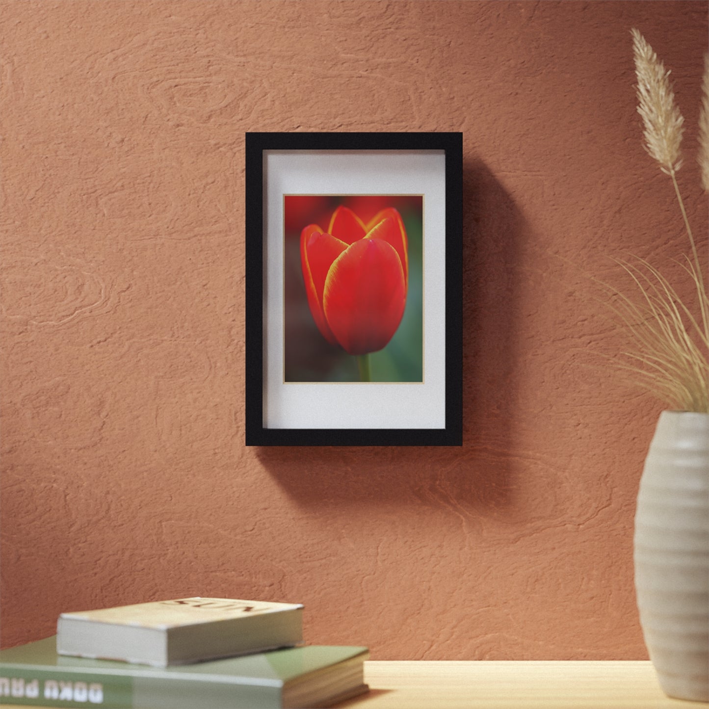 Fiery red and yellow tulip in a black framed poster