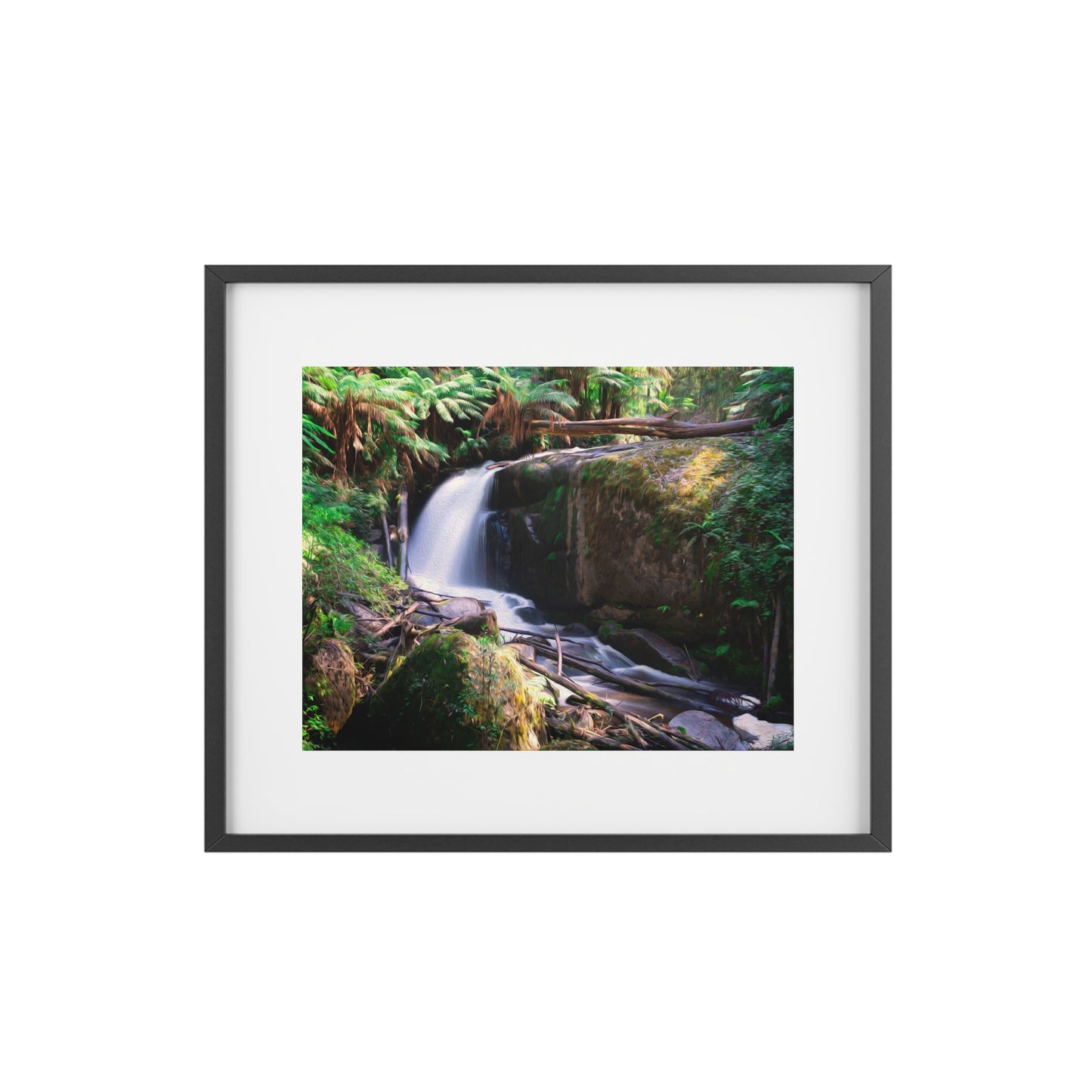 Watercolor styled print of the Amphitheatre Falls on a matte framed poster