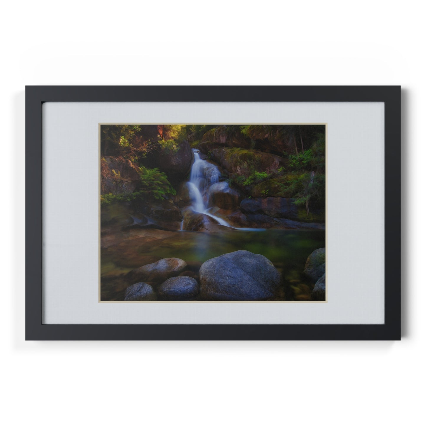 Watercolor styled print of the Ladies Bath falls on a black framed poster