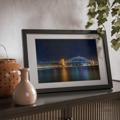 The dazzling Sydney Harbour Bridge at night printed on a black framed poster