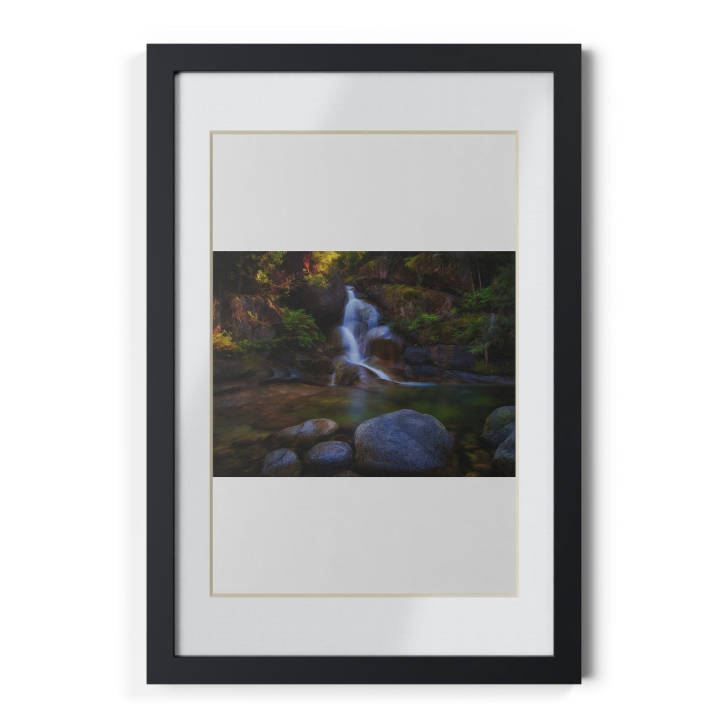 Watercolor styled print of the Ladies Bath falls on a black framed poster