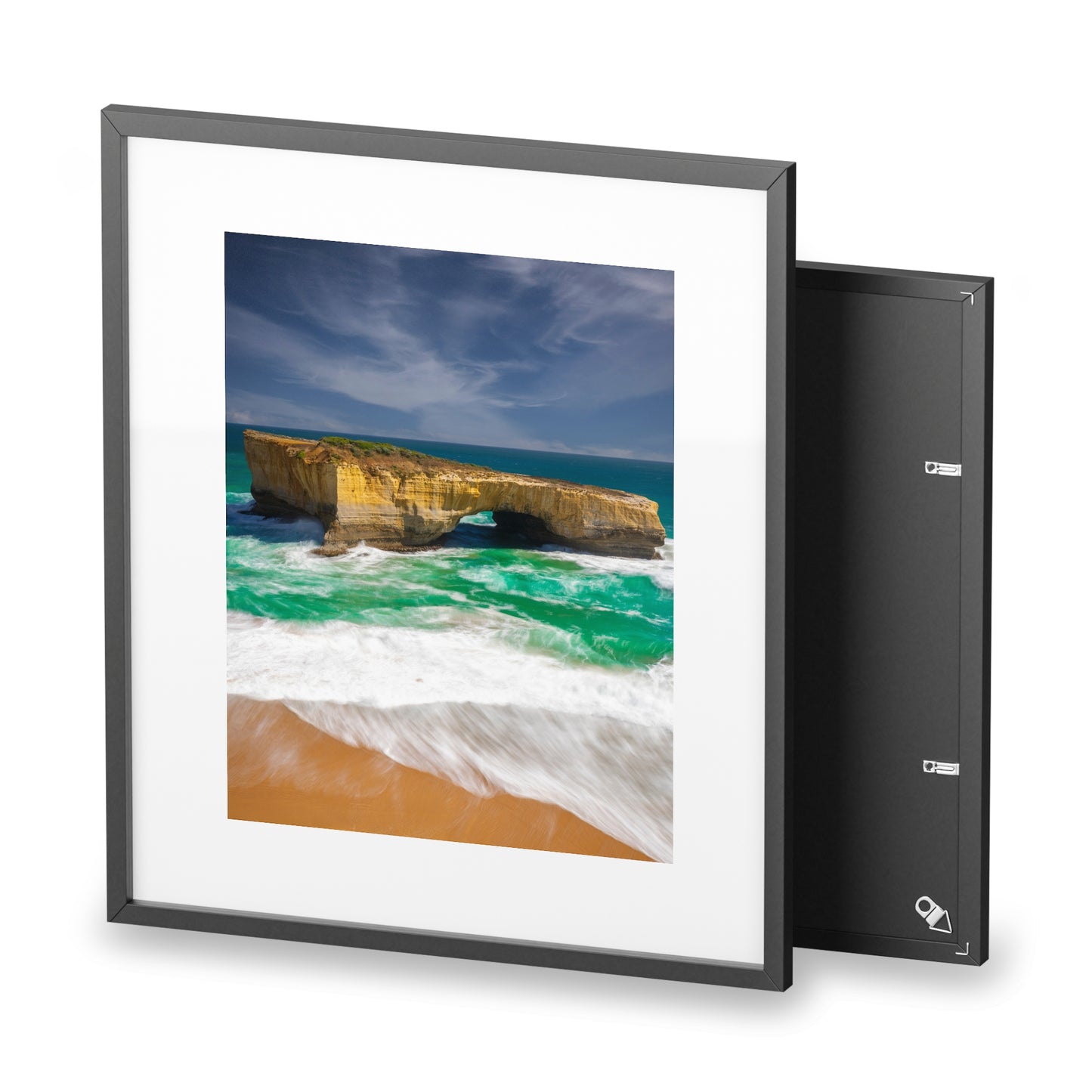 The London Bridge arch with crashing waves printed on a matte framed poster