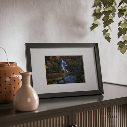 Watercolor styled print of the Ladies Bath falls on a black framed poster