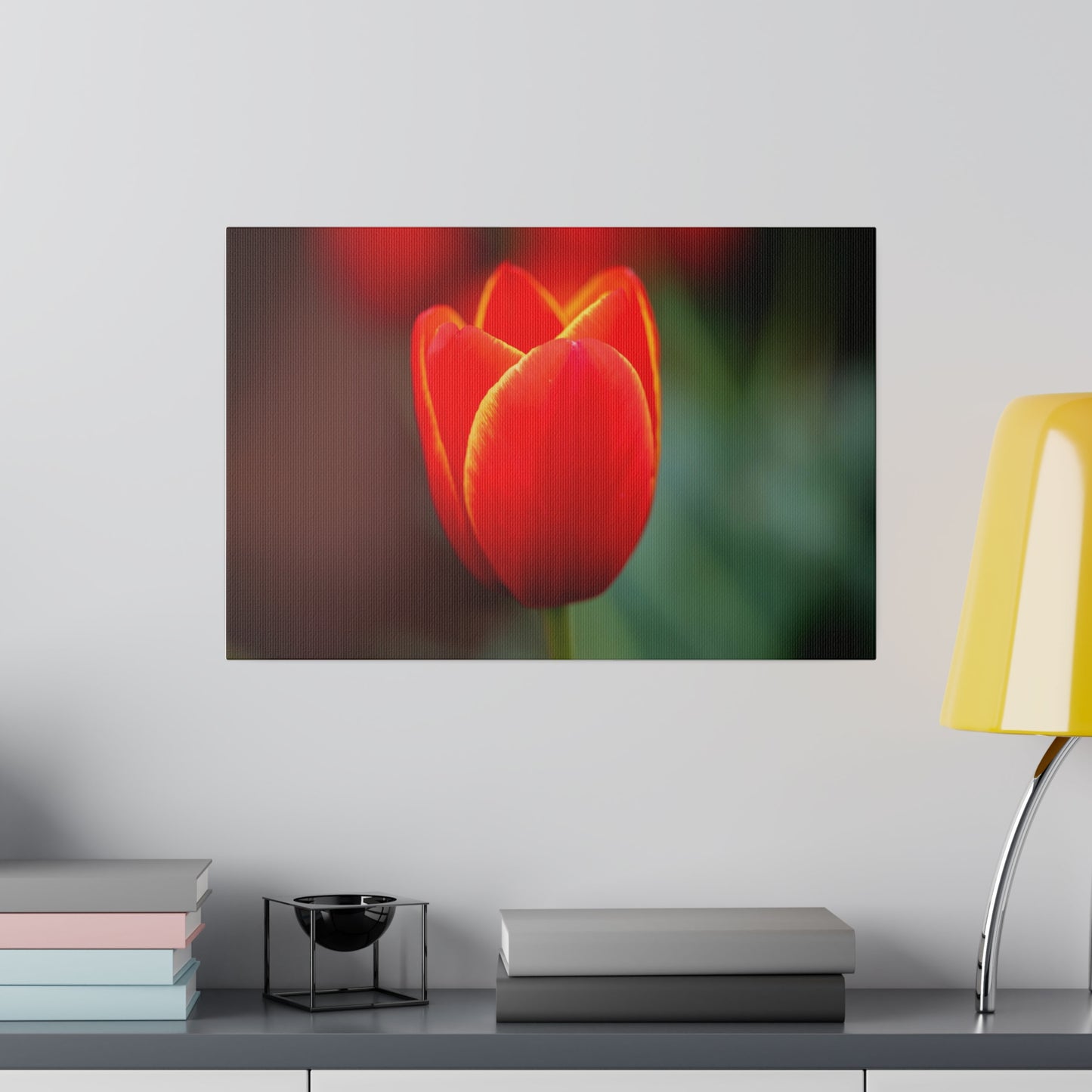 Fiery red and yellow tulip printed on a stretched matte canvas