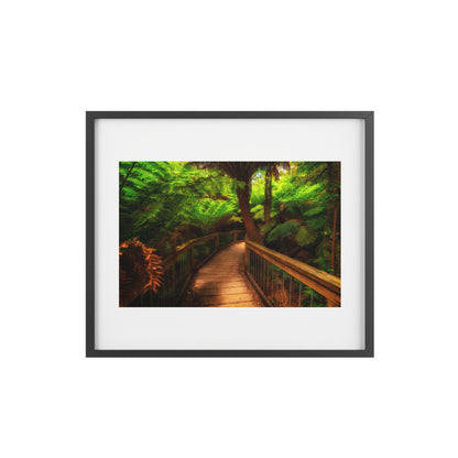 Wooden bridge winding through a lush forest of tall ferns printed on a framed matte poster