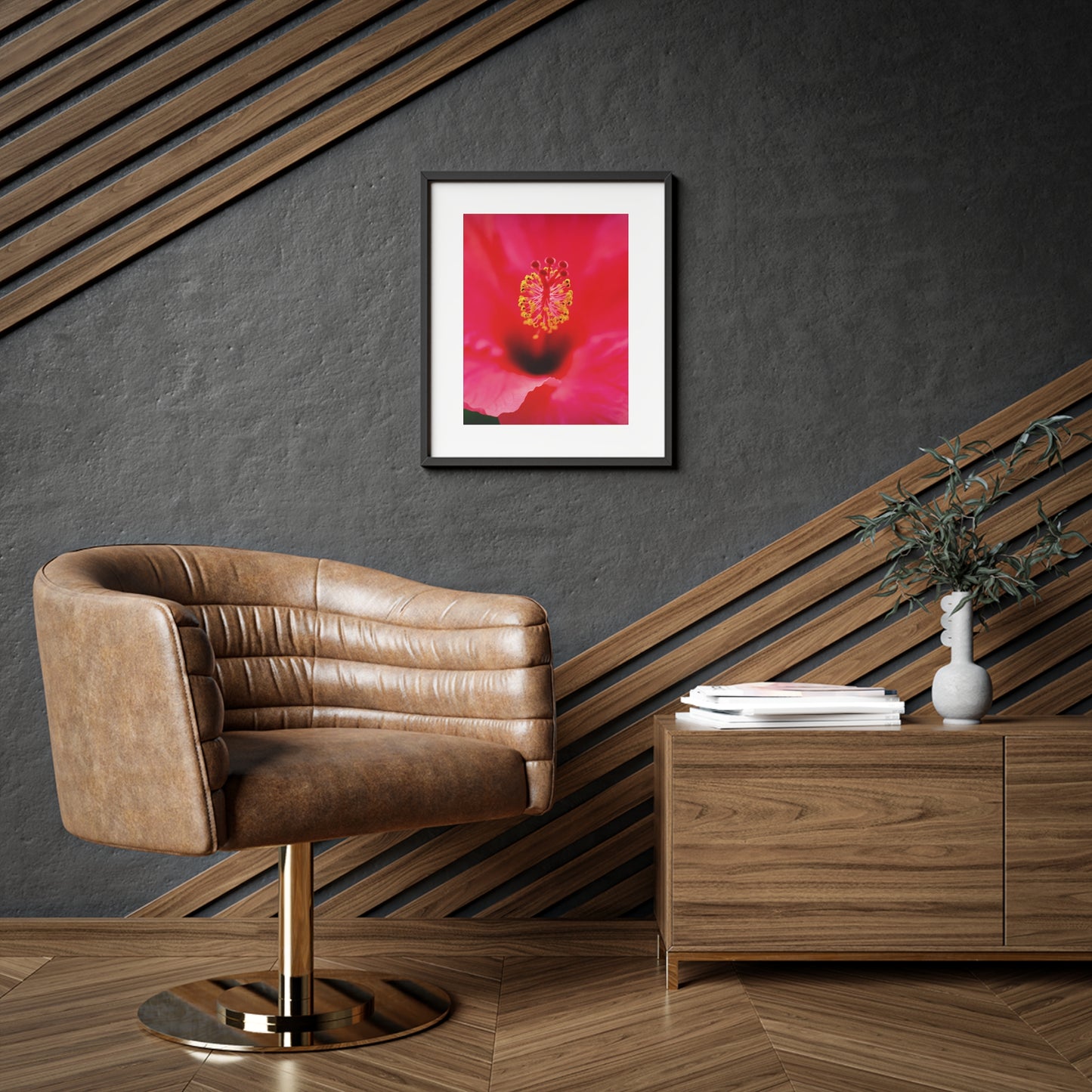 A beautiful hibiscus flower printed on a framed matte poster